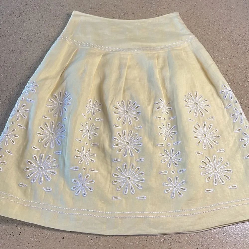 Peck & Peck Petite yellow 100% linen embroidered drop waist A-Line Midi skirt - Picture 5 of 14